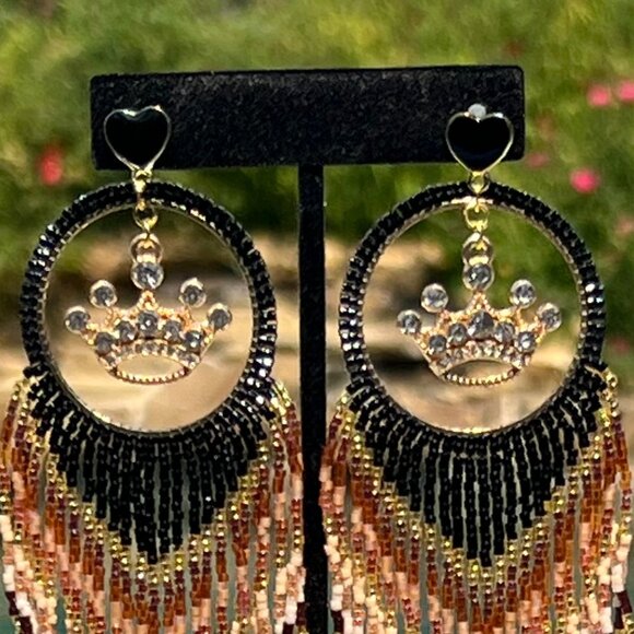 Handmade Beaded Queen Long Fringe Dangle Drop Lightweight Post Hoop Earrings - Picture 8 of 10